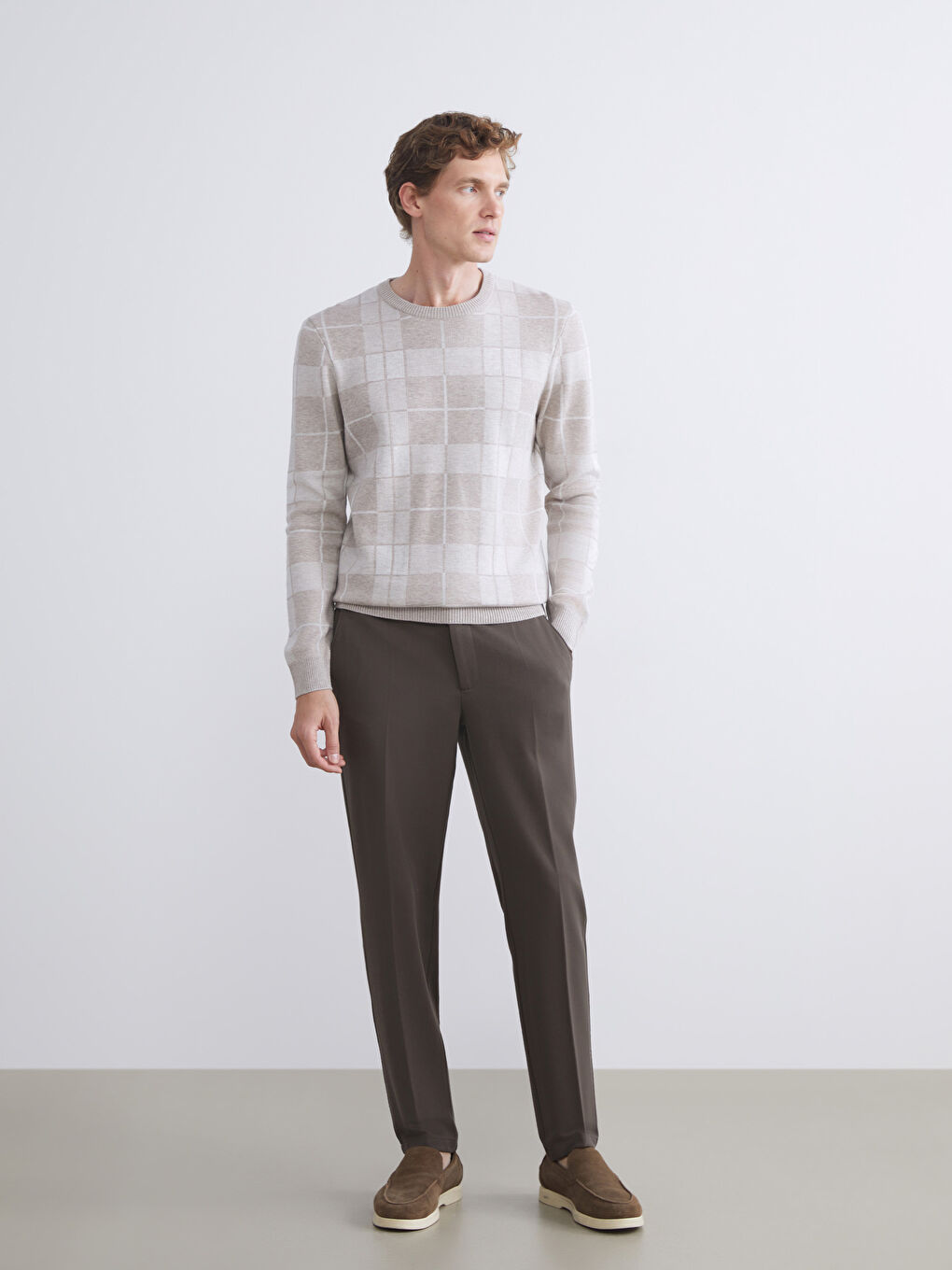 Bej Büyük Beden Bisiklet Yaka Uzun Kollu Ekose Erkek Triko Kazak-1