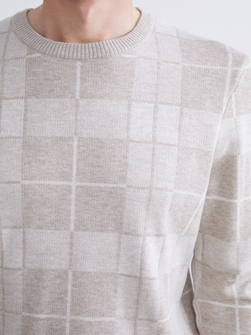 Bej Büyük Beden Bisiklet Yaka Uzun Kollu Ekose Erkek Triko Kazak-2