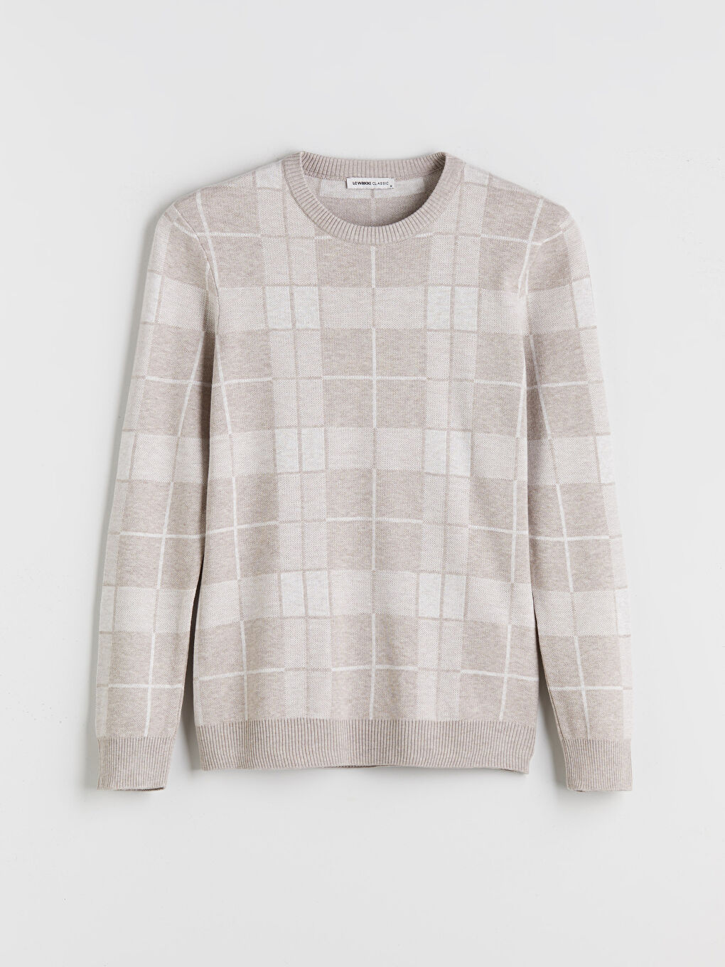 Bej Büyük Beden Bisiklet Yaka Uzun Kollu Ekose Erkek Triko Kazak-4