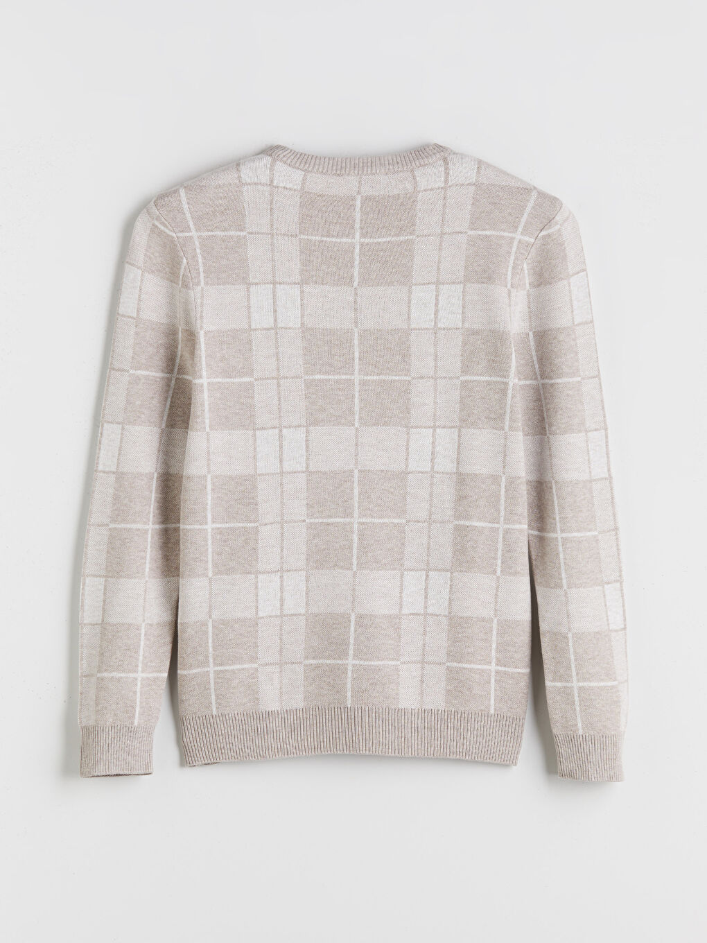 Bej Büyük Beden Bisiklet Yaka Uzun Kollu Ekose Erkek Triko Kazak-5