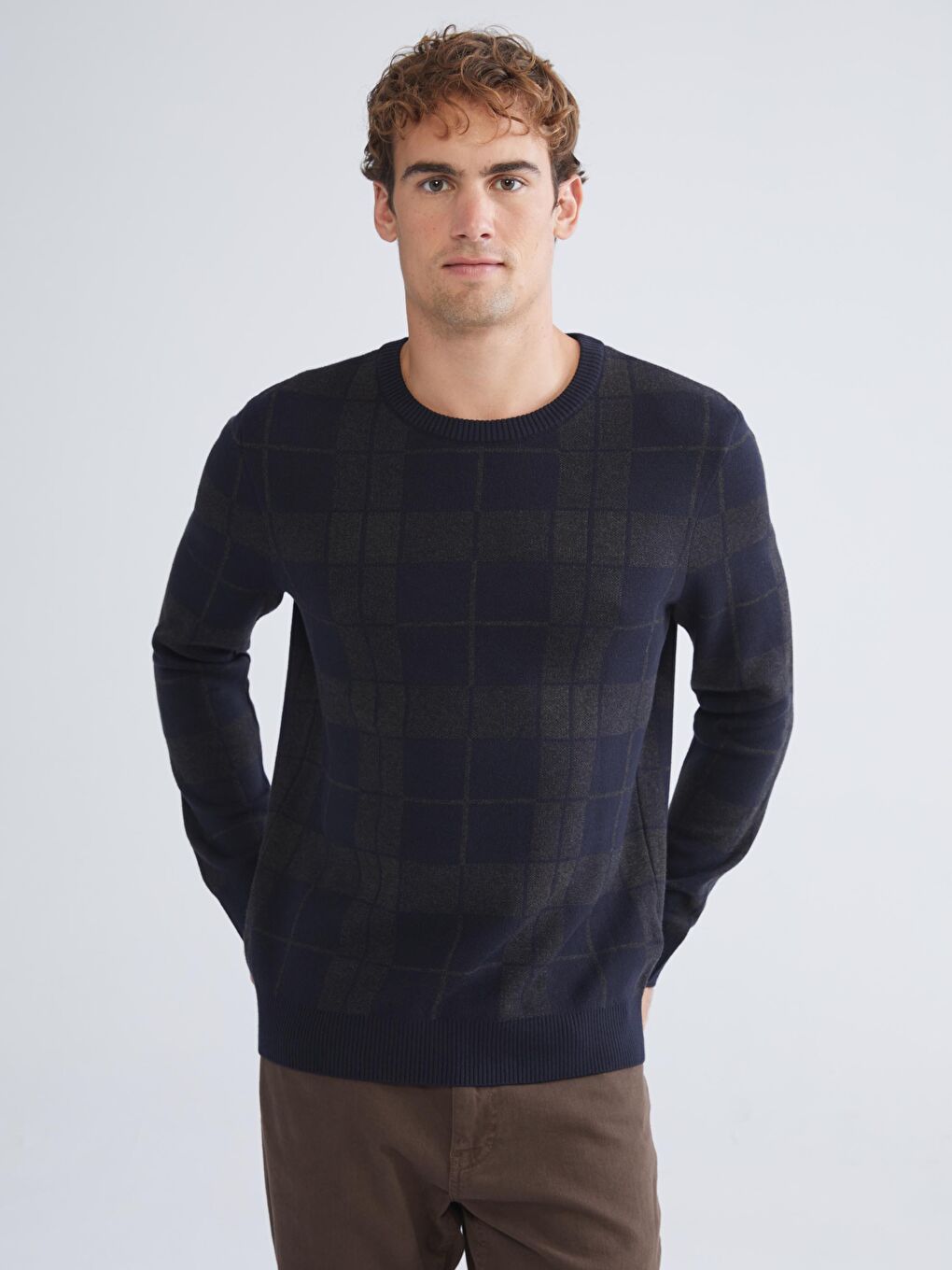 Lacivert Bisiklet Yaka Uzun Kollu Ekose Erkek Triko Kazak-1