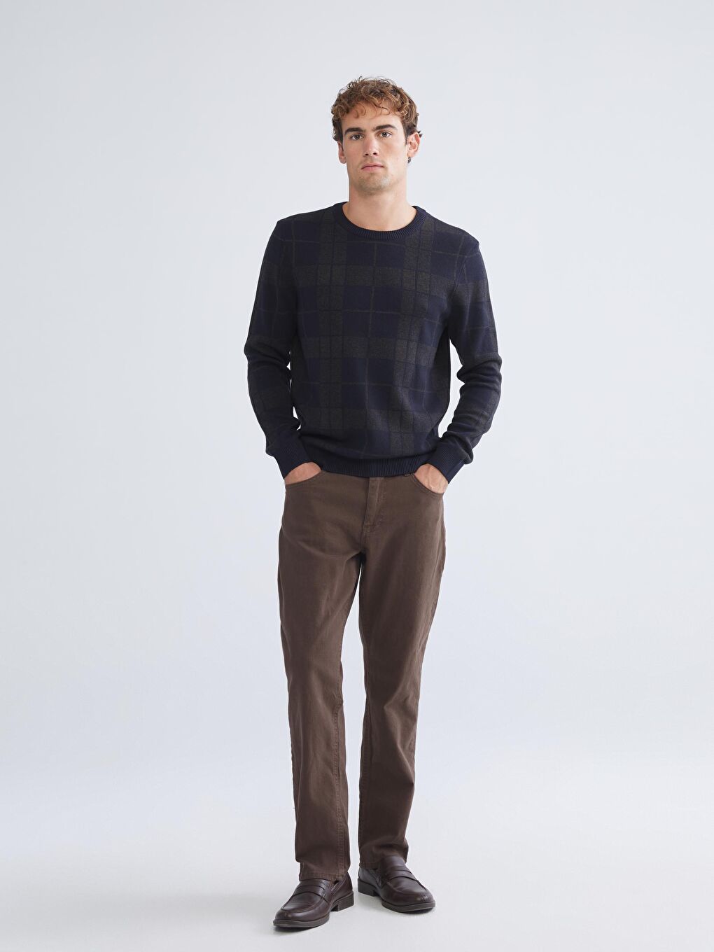 Lacivert Bisiklet Yaka Uzun Kollu Ekose Erkek Triko Kazak-2