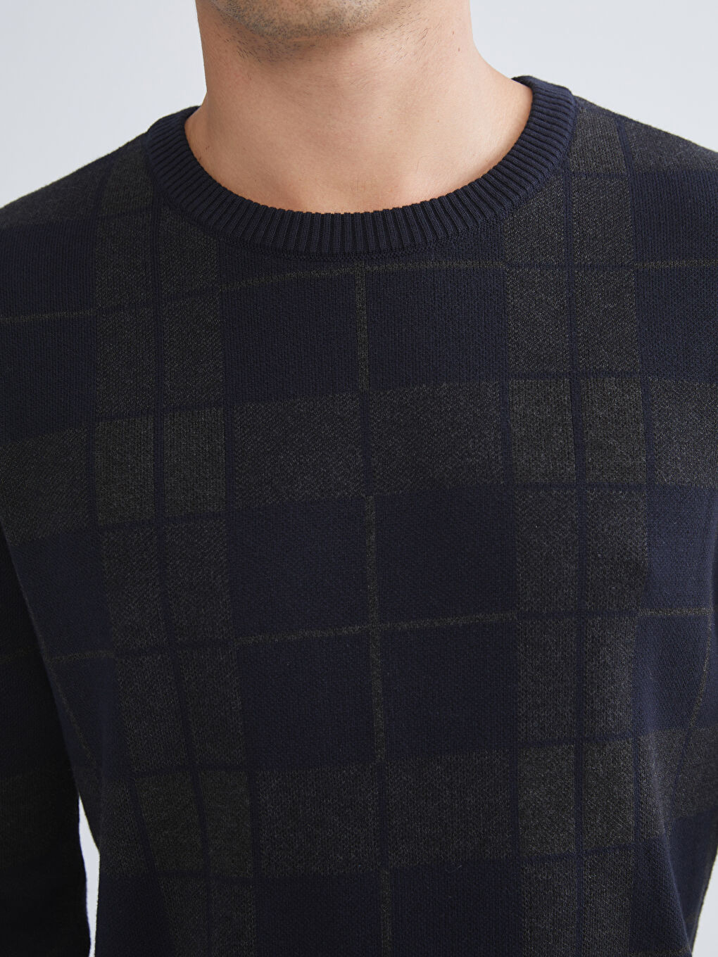 Lacivert Bisiklet Yaka Uzun Kollu Ekose Erkek Triko Kazak-4