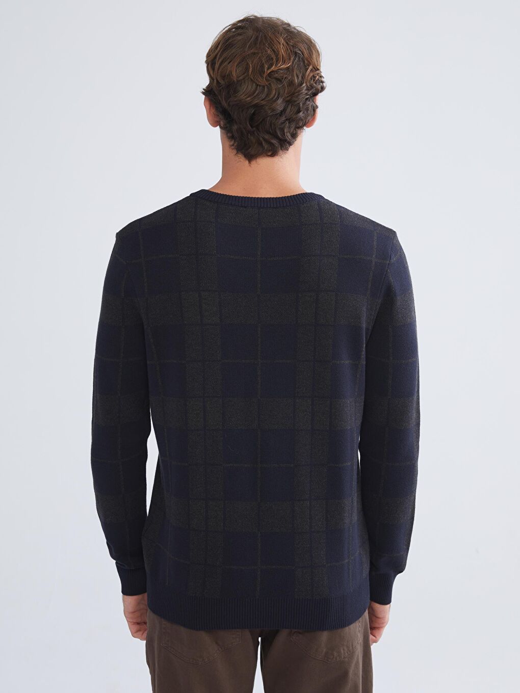 Lacivert Bisiklet Yaka Uzun Kollu Ekose Erkek Triko Kazak-6