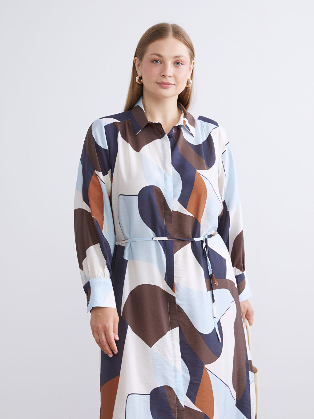 Karışık Desenli Gömlek Elbise-5