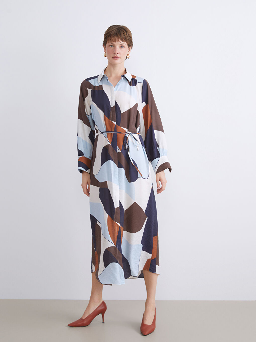 Karışık Desenli Gömlek Elbise-2