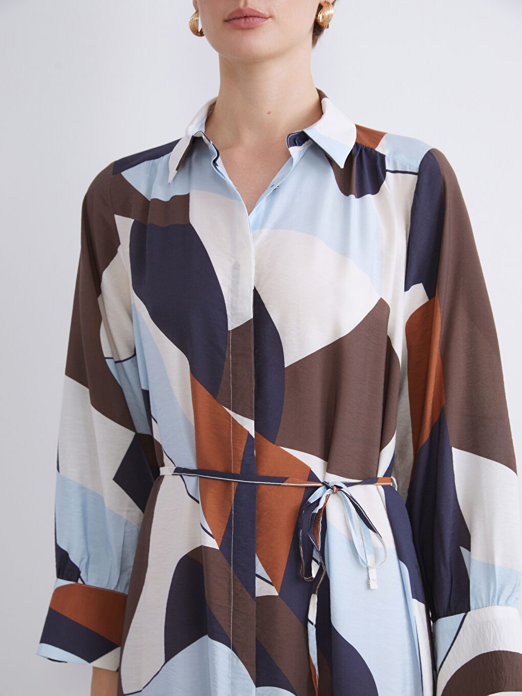 Karışık Desenli Gömlek Elbise-3