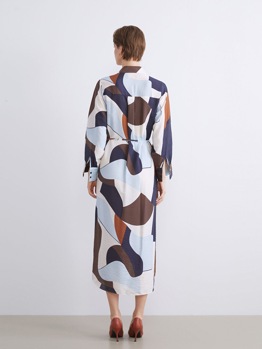 Karışık Desenli Gömlek Elbise-4