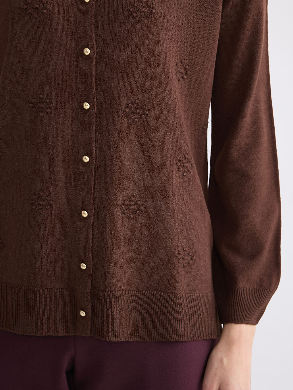 Kahverengi Bisiklet Yaka Kendinden Desenli Kadın Triko Hırka-2