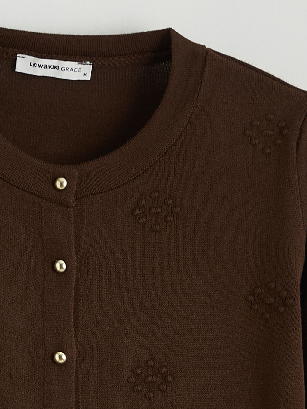 Kahverengi Bisiklet Yaka Kendinden Desenli Kadın Triko Hırka-5