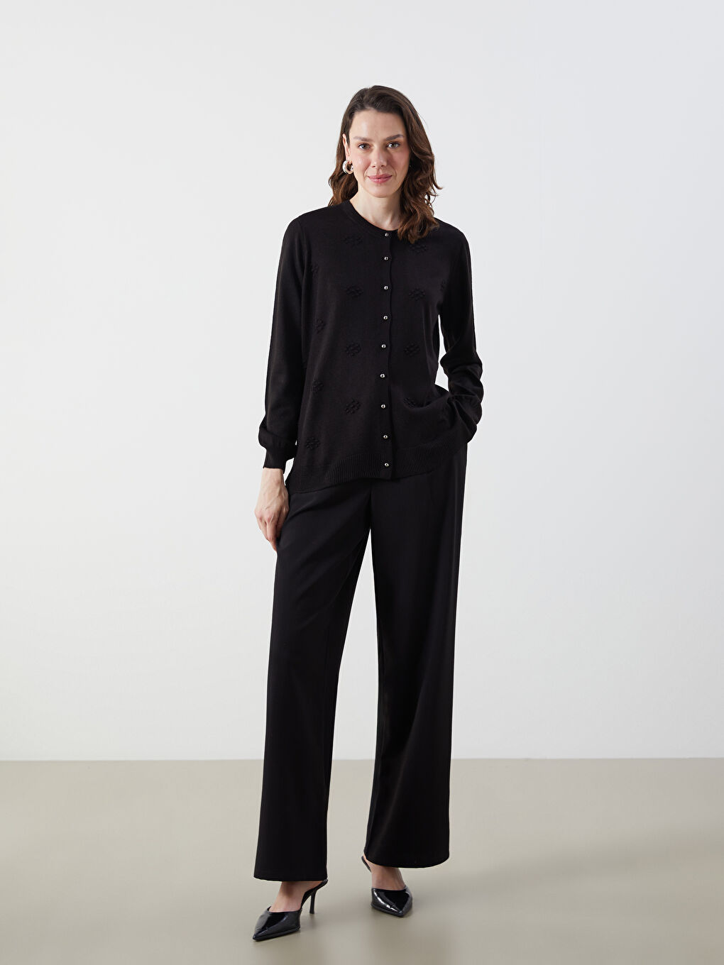 LCW Grace Crew Neck Self Patterned Long Sleeve Women's Tricot Cardigan -W5EQ39Z8-CVL