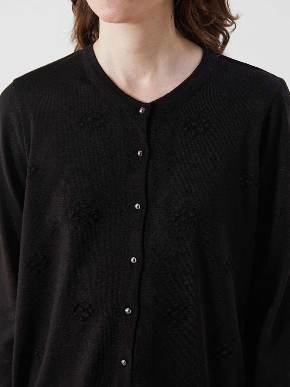 LCW Grace Crew Neck Self Patterned Long Sleeve Women's Tricot Cardigan -W5EQ39Z8-CVL