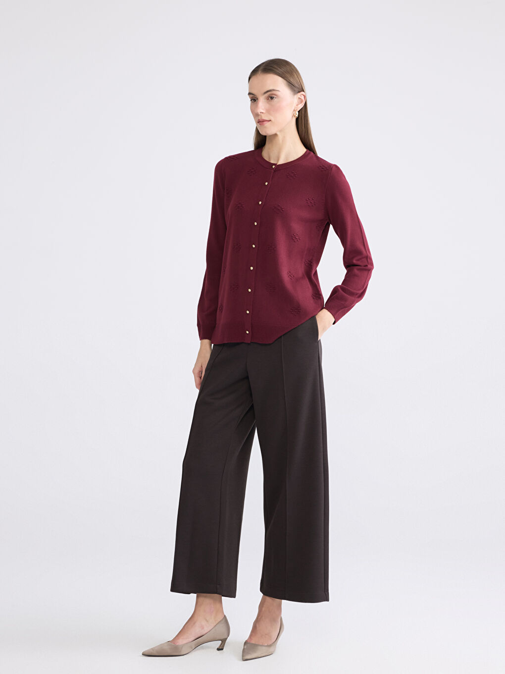 Bordo Bisiklet Yaka Kendinden Desenli Kadın Triko Hırka-1