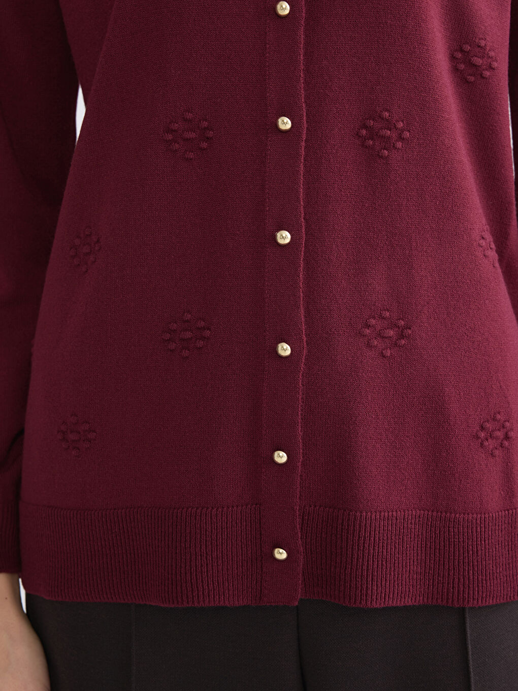 Bordo Bisiklet Yaka Kendinden Desenli Kadın Triko Hırka-2