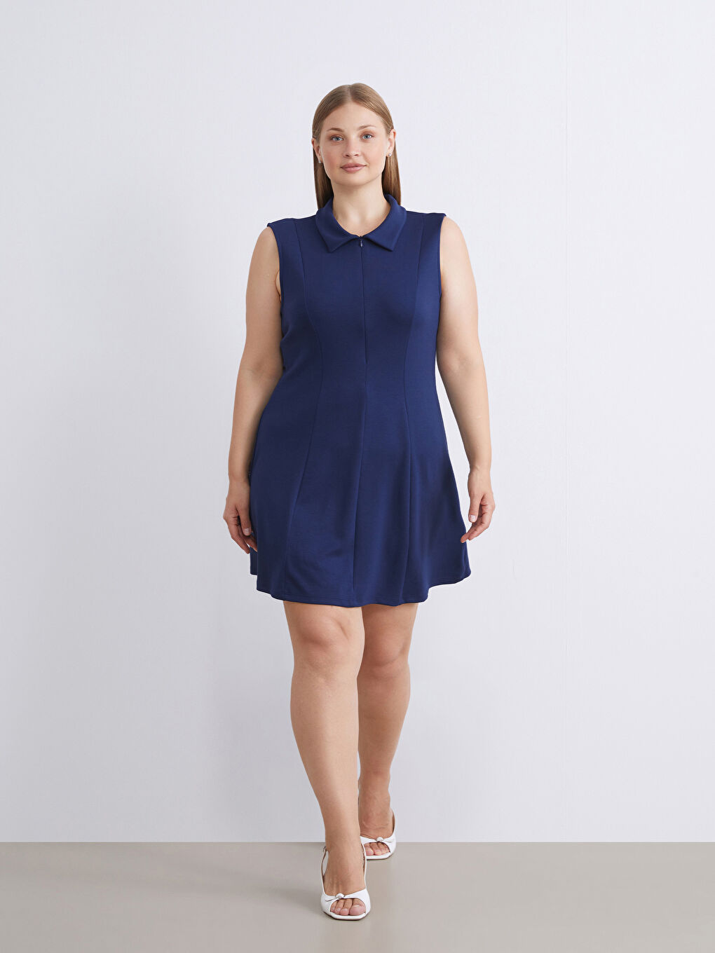 Lacivert Polo Yaka A Kesim Mini Elbise-1