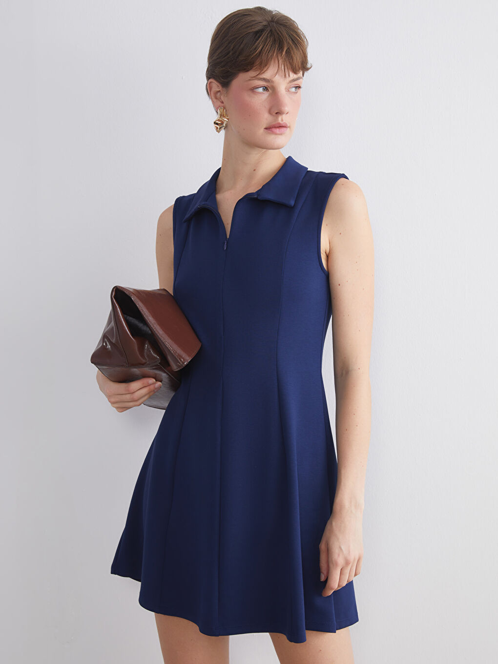 Lacivert Polo Yaka A Kesim Mini Elbise-2