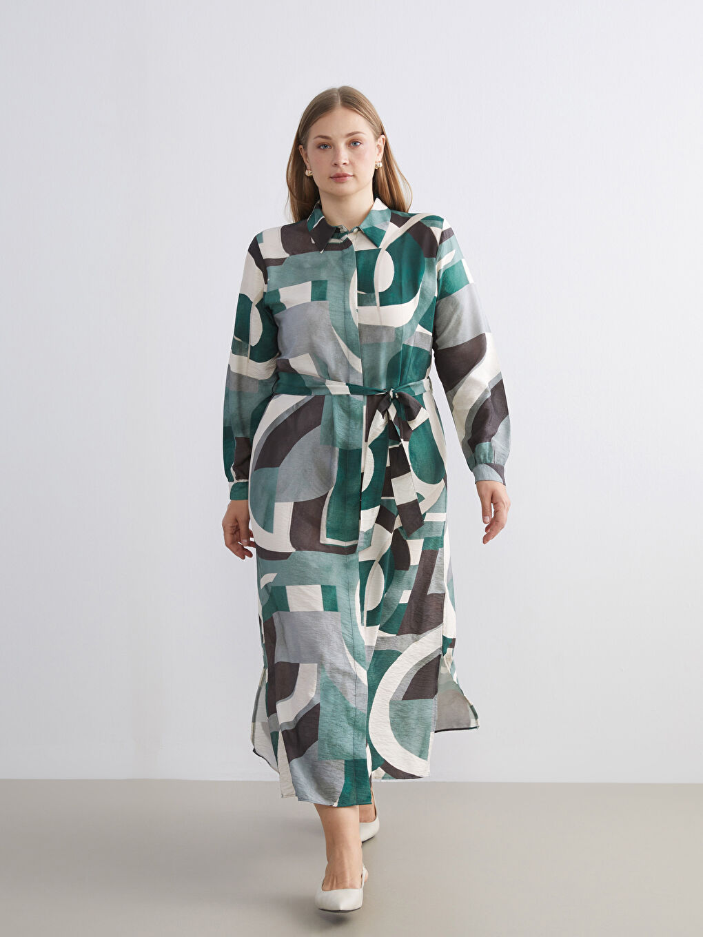 Yeşil Desenli Gömlek Elbise-1