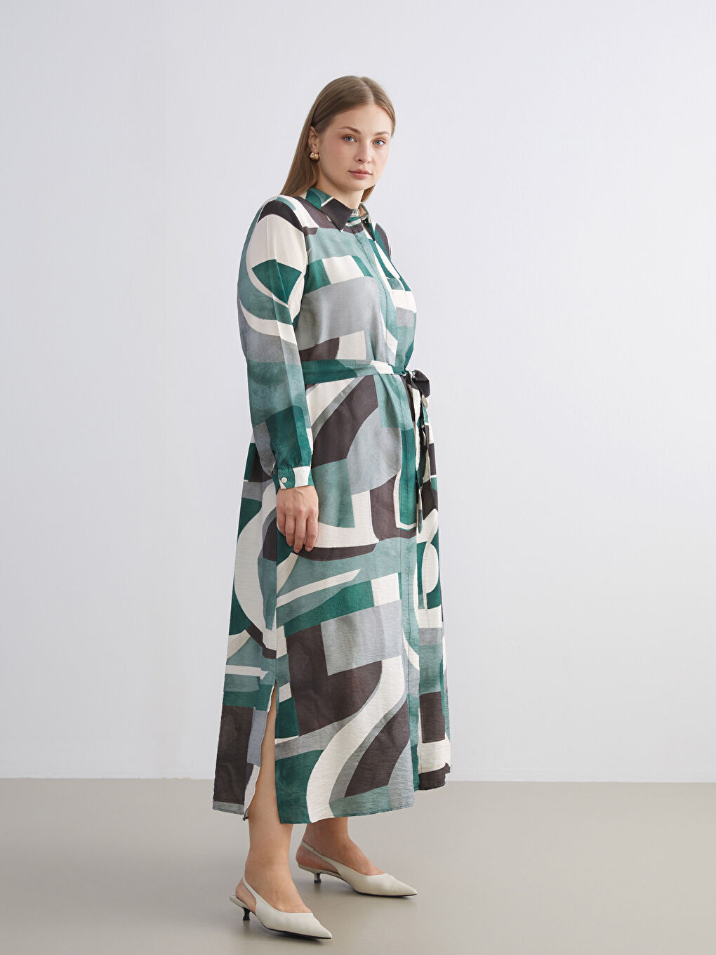 Yeşil Desenli Gömlek Elbise-5