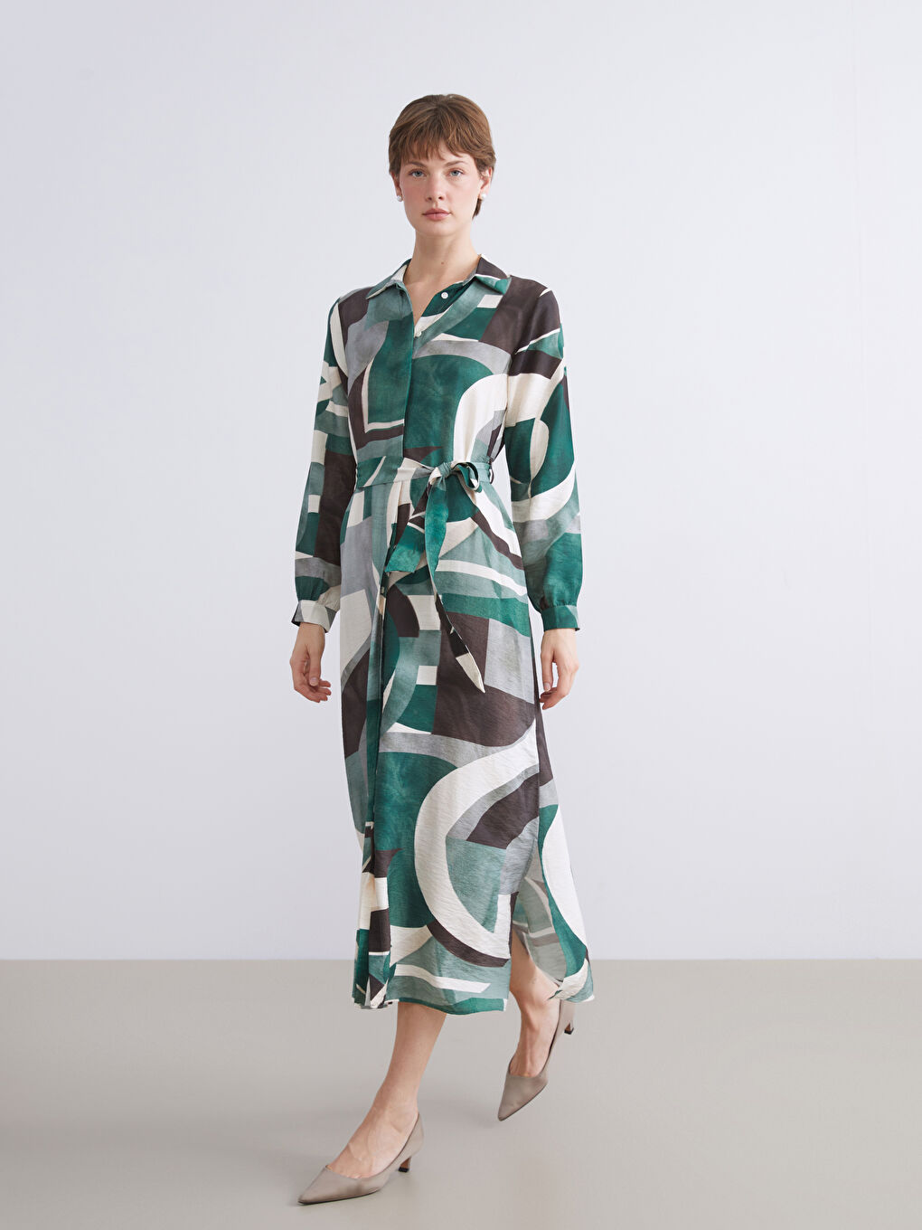 Yeşil Desenli Gömlek Elbise-2