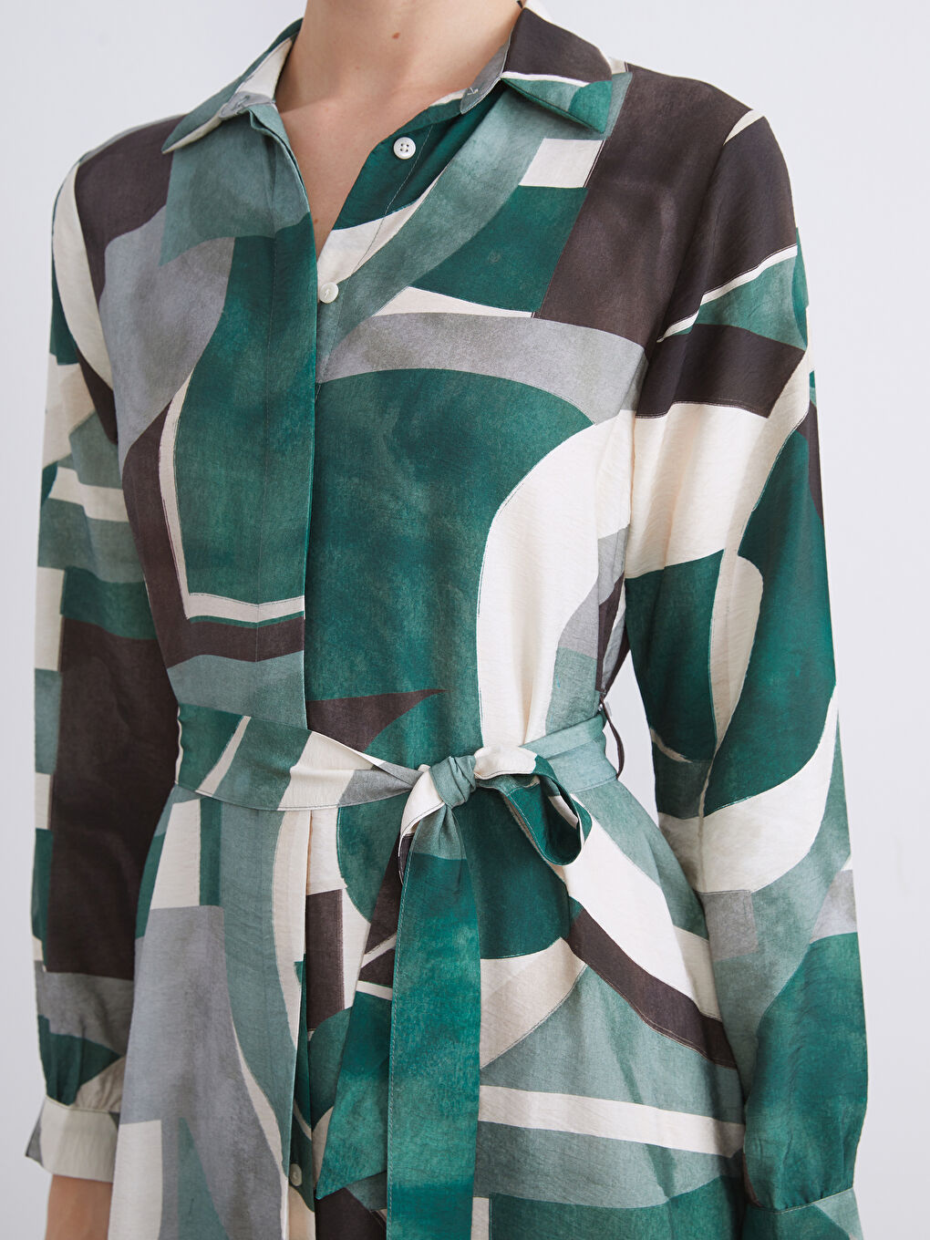 Yeşil Desenli Gömlek Elbise-3