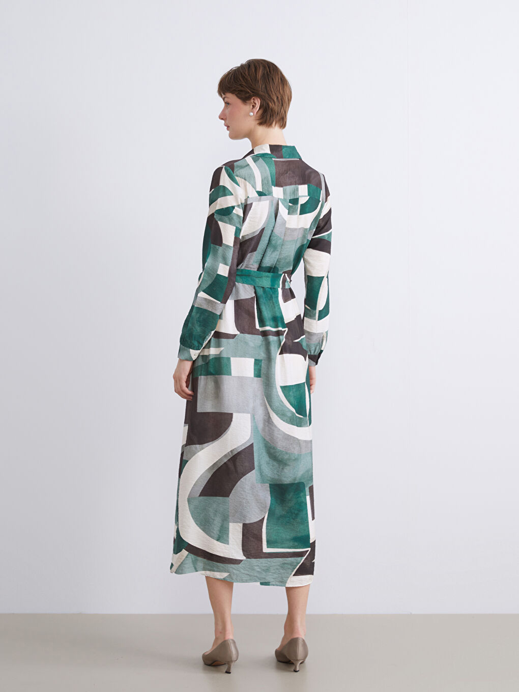 Yeşil Desenli Gömlek Elbise-4