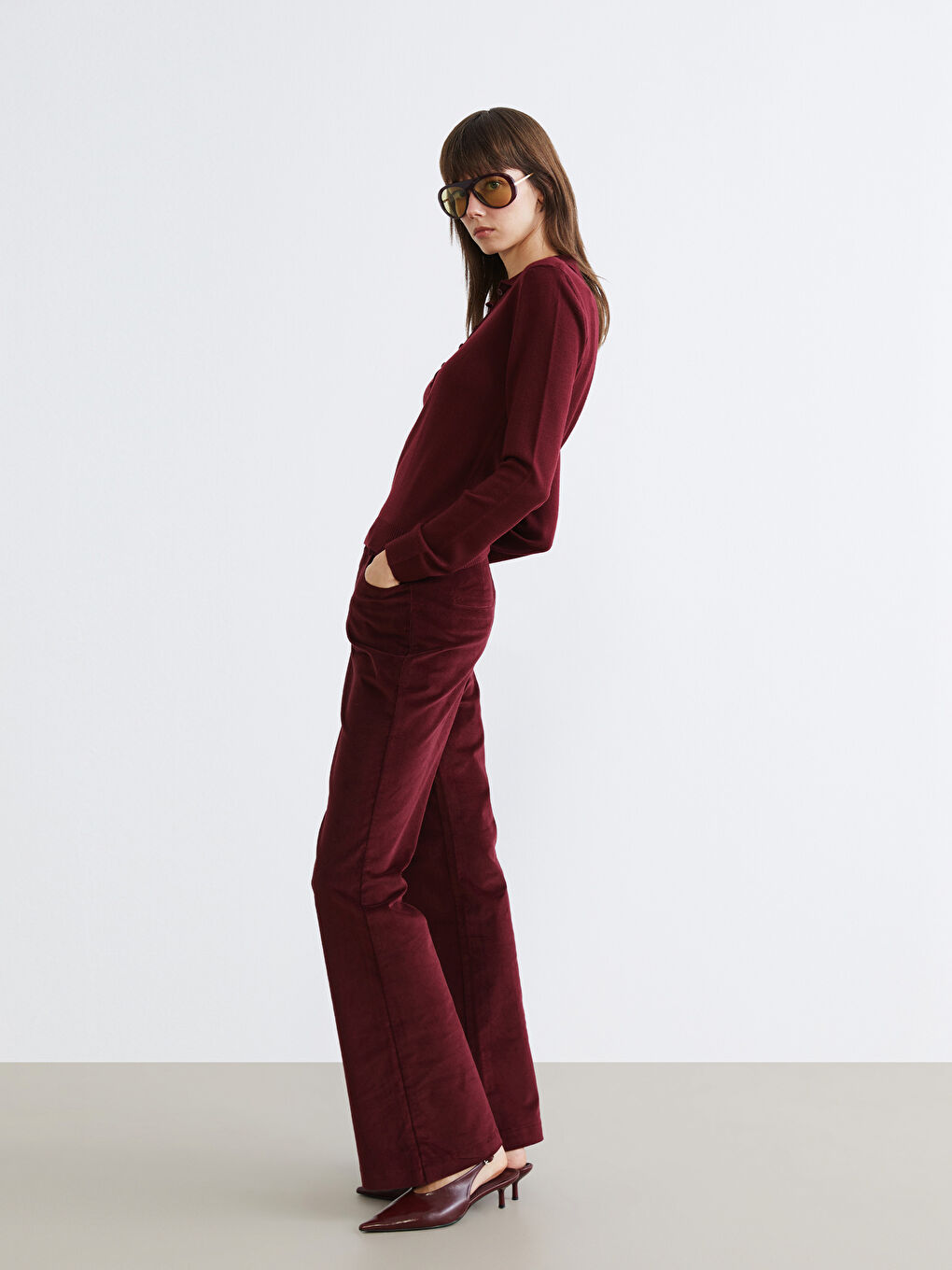 Bordo Dar Fit İspanyol Paça Kadın Kadife Pantolon