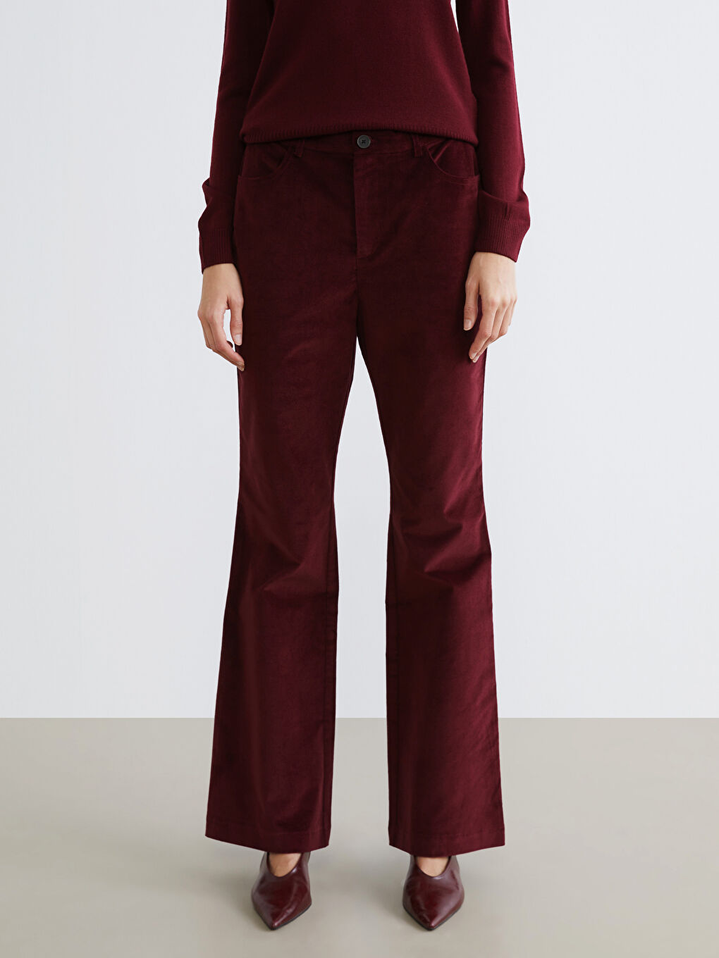 Bordo Dar Fit İspanyol Paça Kadın Kadife Pantolon-1