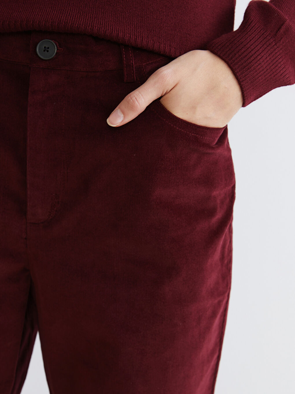 Bordo Dar Fit İspanyol Paça Kadın Kadife Pantolon-2