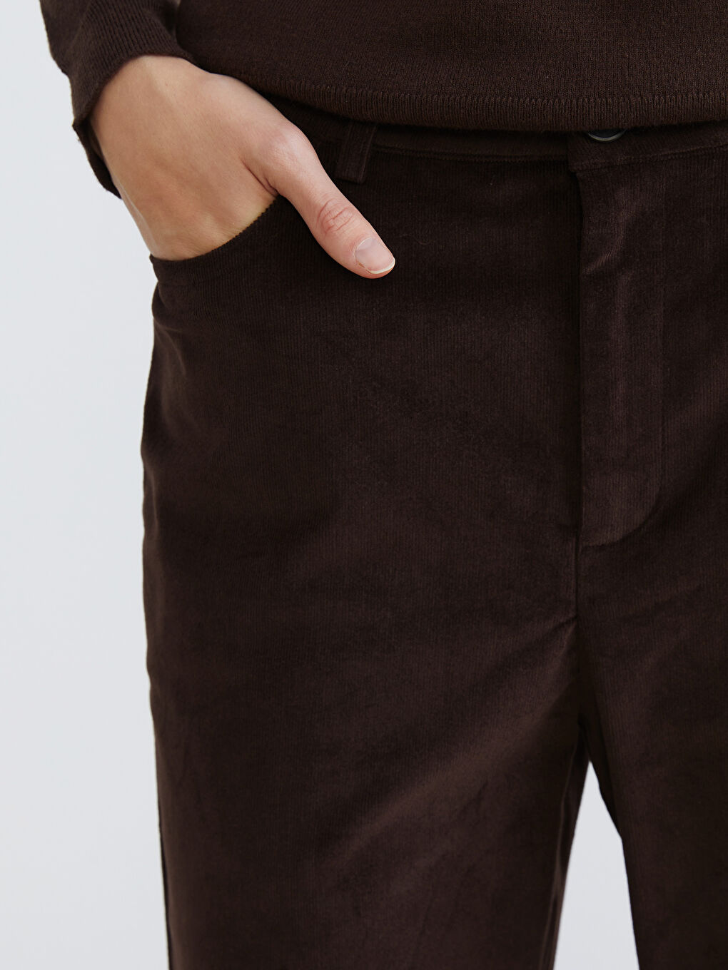 Kahverengi Dar Fit İspanyol Paça Kadın Kadife Pantolon-2