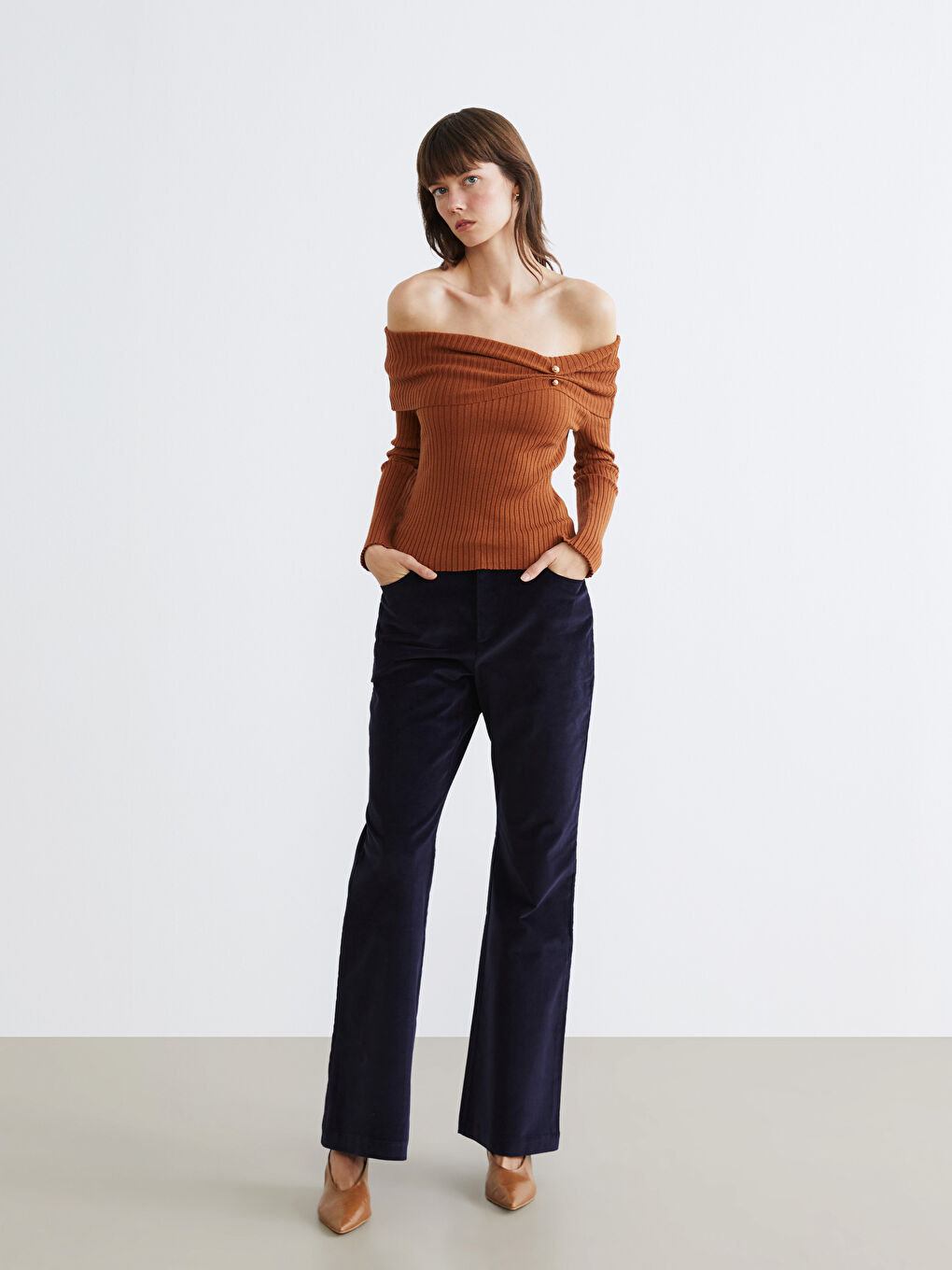 Slim Fit Flared Leg Women's Velvet Trousers