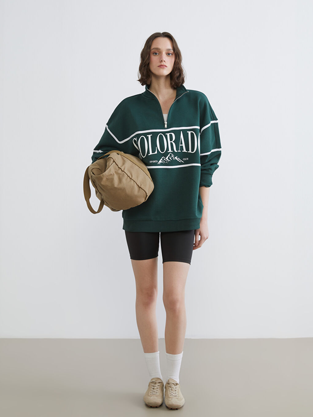 Hanorac Gros Supradimensionat Imprimat cu Guler Tip Pâlnie pentru Femei-1