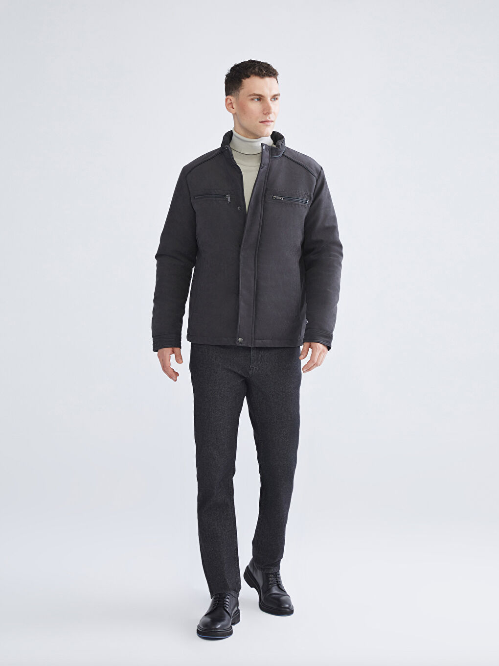 Regular Fit Funnel Neck Suede Men's Coat-1