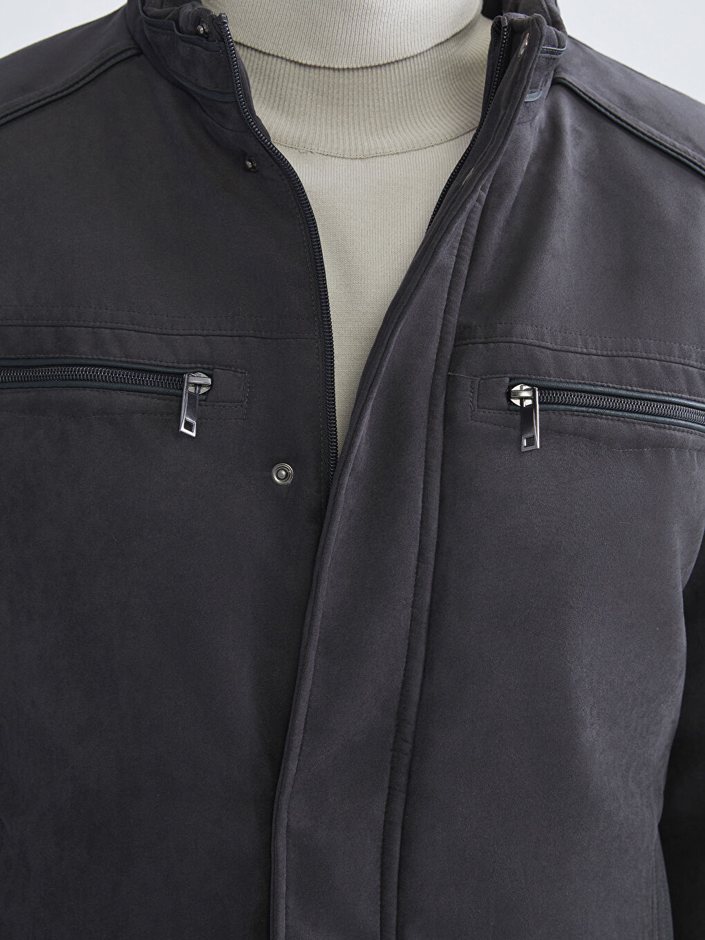 Regular Fit Funnel Neck Suede Men's Coat-2