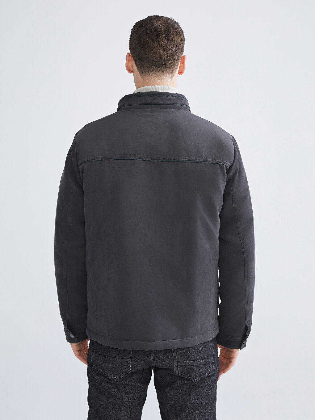 Regular Fit Funnel Neck Suede Men's Coat-4