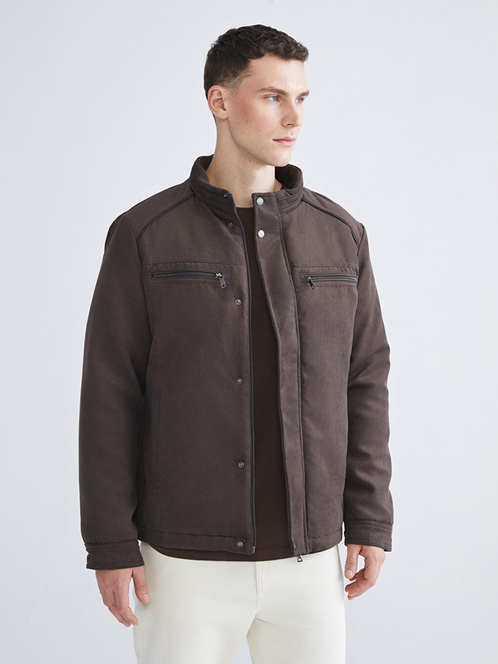 Kahverengi Standart Kalıp Dik Yaka Süet Erkek Mont