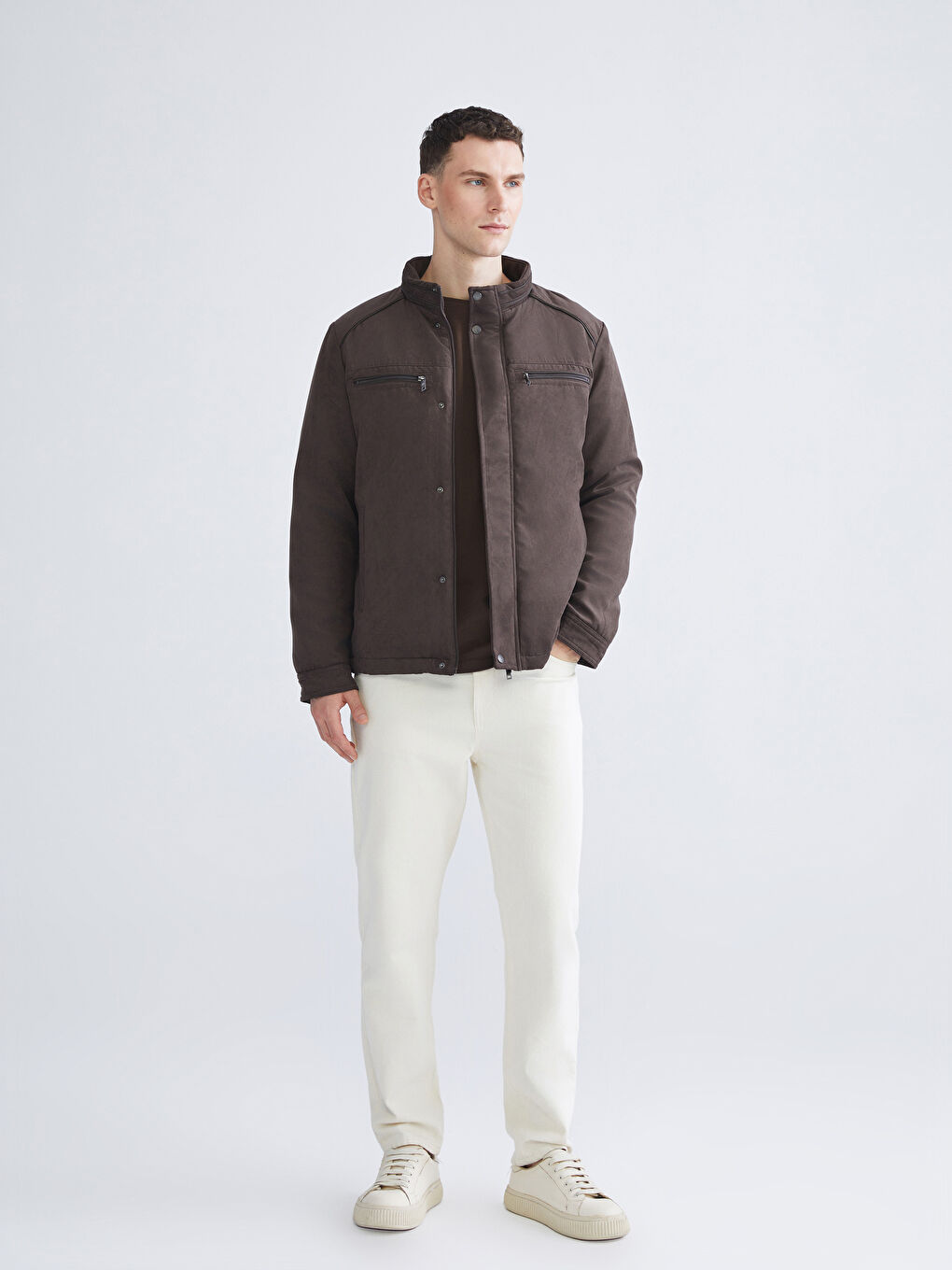 Kahverengi Standart Kalıp Dik Yaka Süet Erkek Mont-1