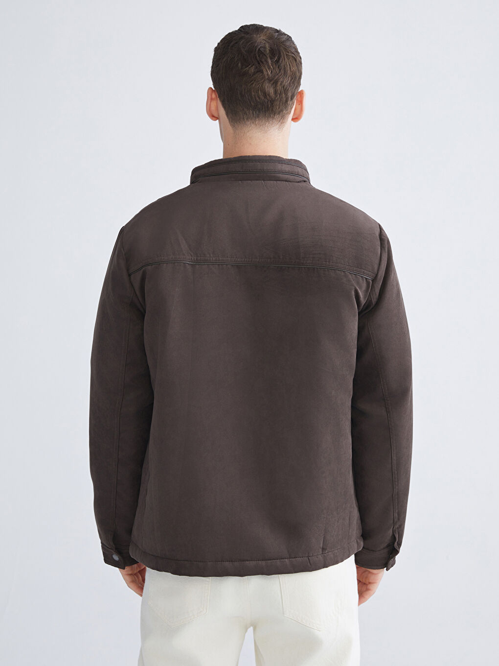 Kahverengi Standart Kalıp Dik Yaka Süet Erkek Mont-4