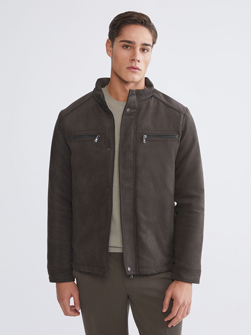 Regular Fit Funnel Neck Suede Men's Coat