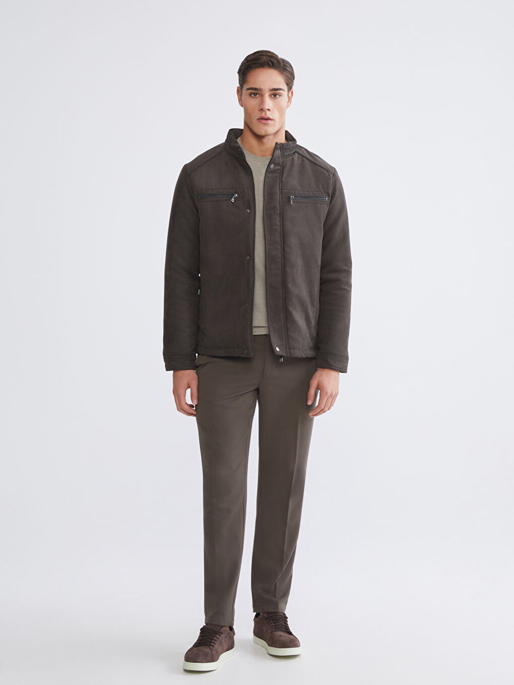 Regular Fit Funnel Neck Suede Men's Coat-1