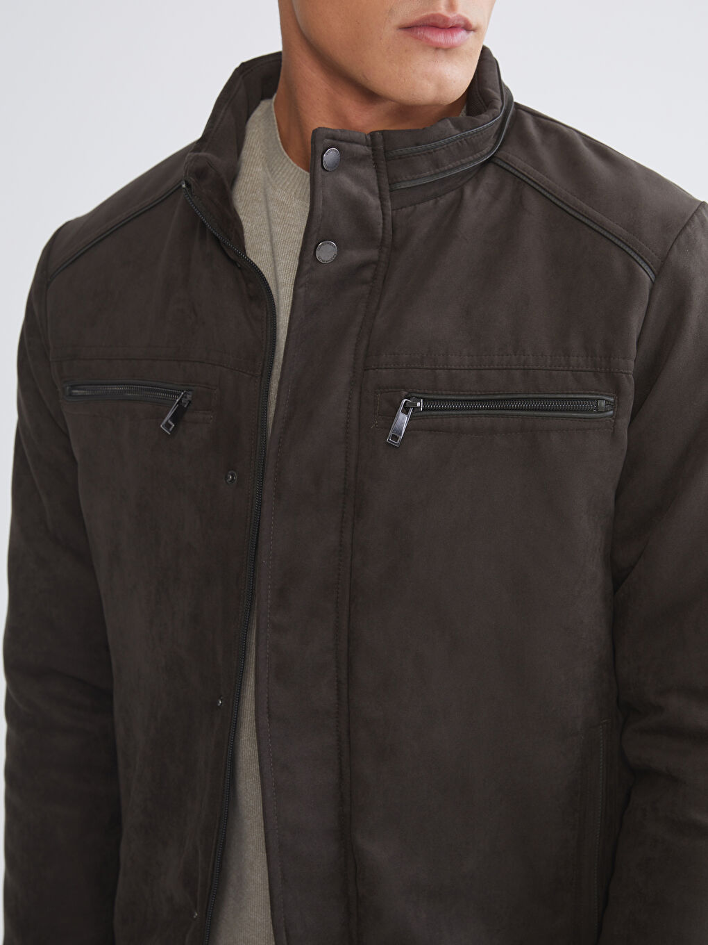 Regular Fit Funnel Neck Suede Men's Coat-2