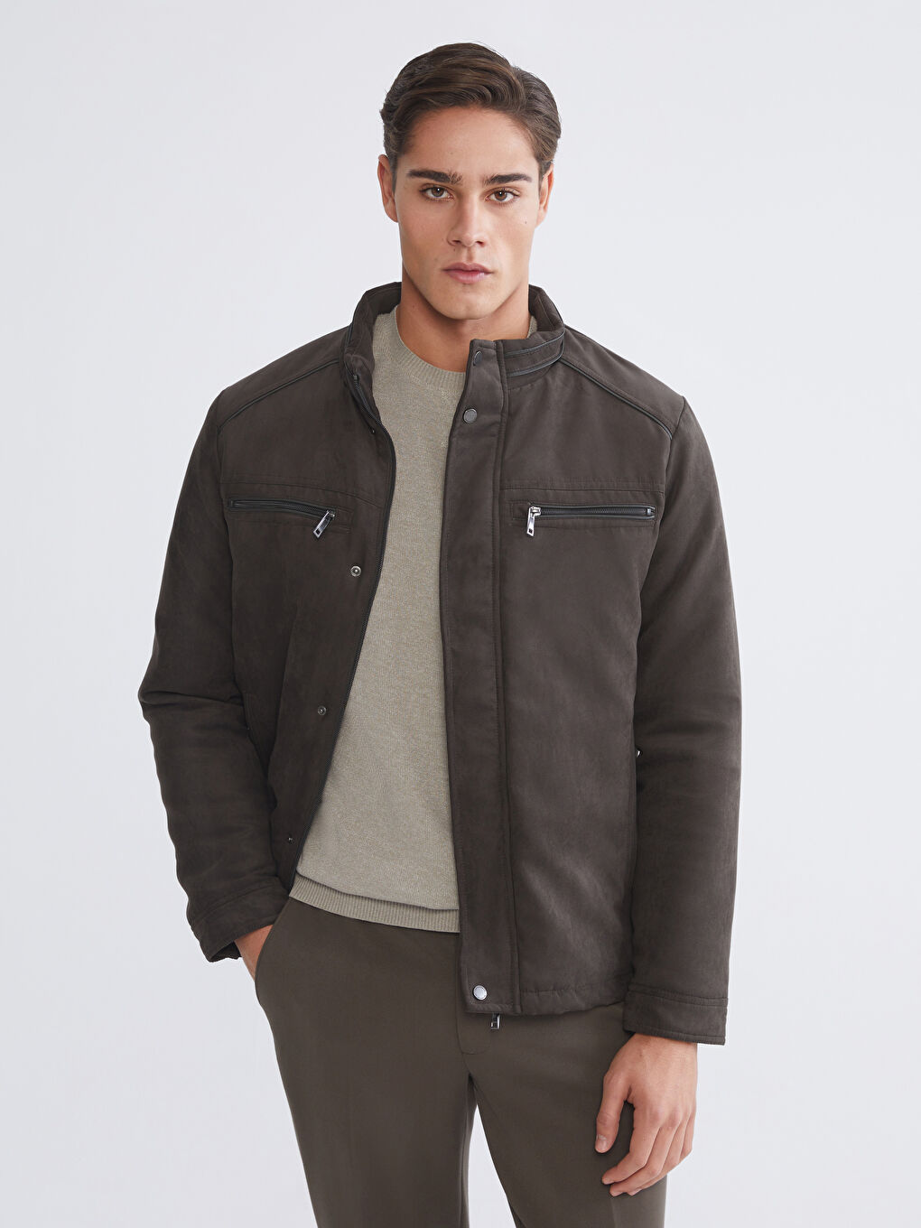 Regular Fit Funnel Neck Suede Men's Coat-3