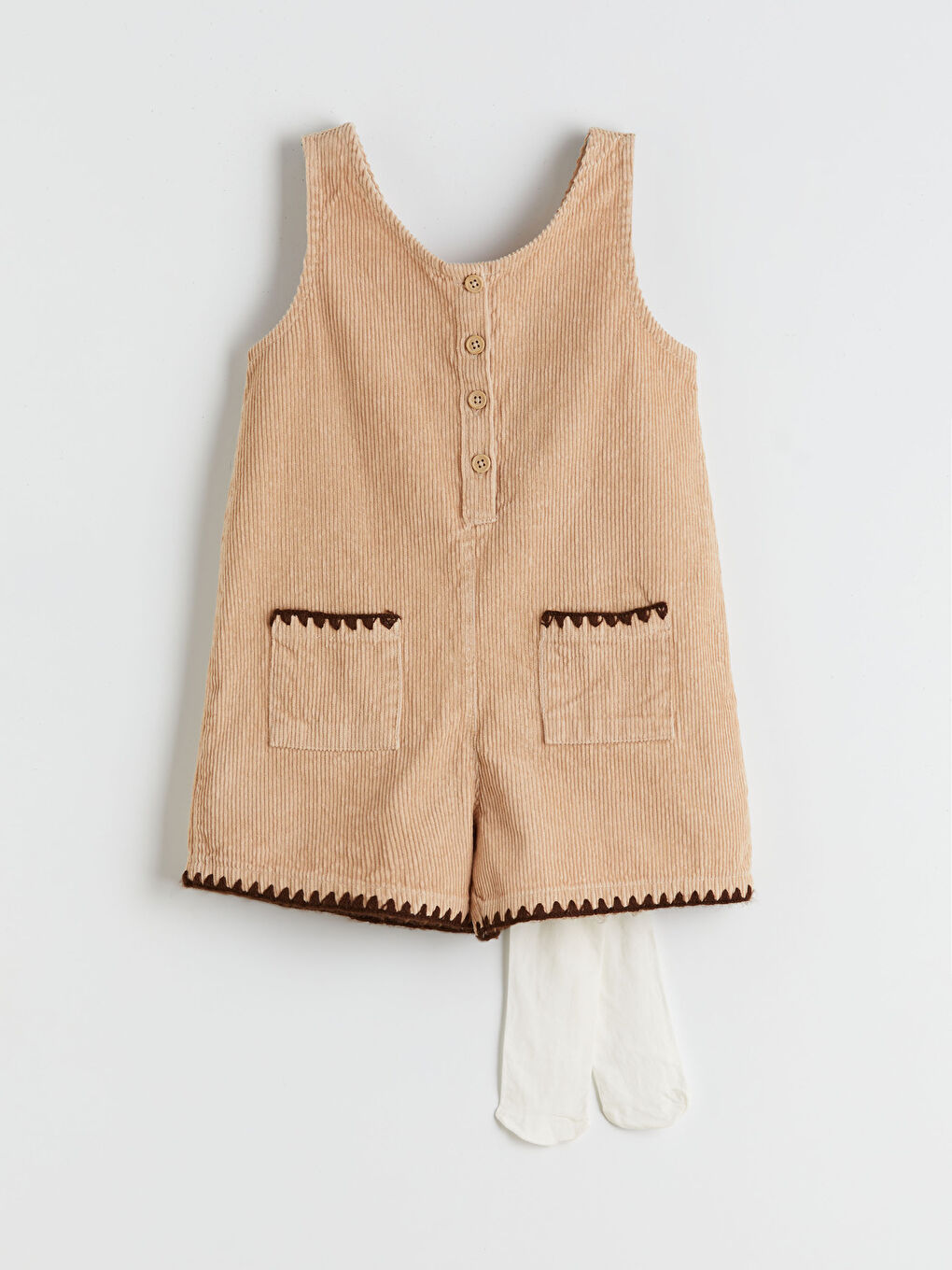 Bej Kız Çocuk Kadife Salopet ve Külotlu Çorap-2