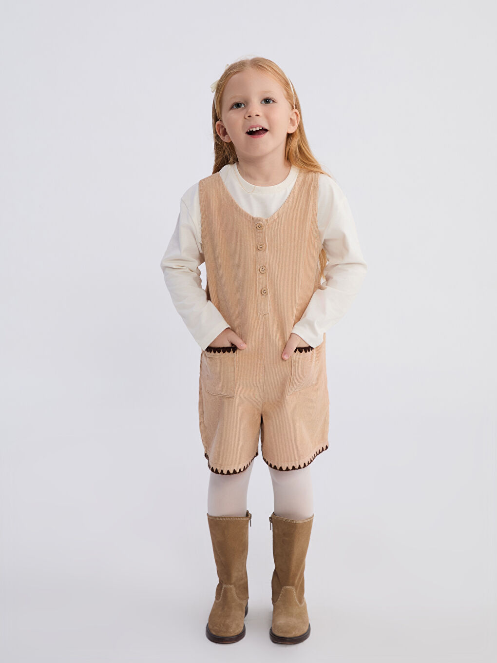 Bej Kız Çocuk Kadife Salopet ve Külotlu Çorap-1