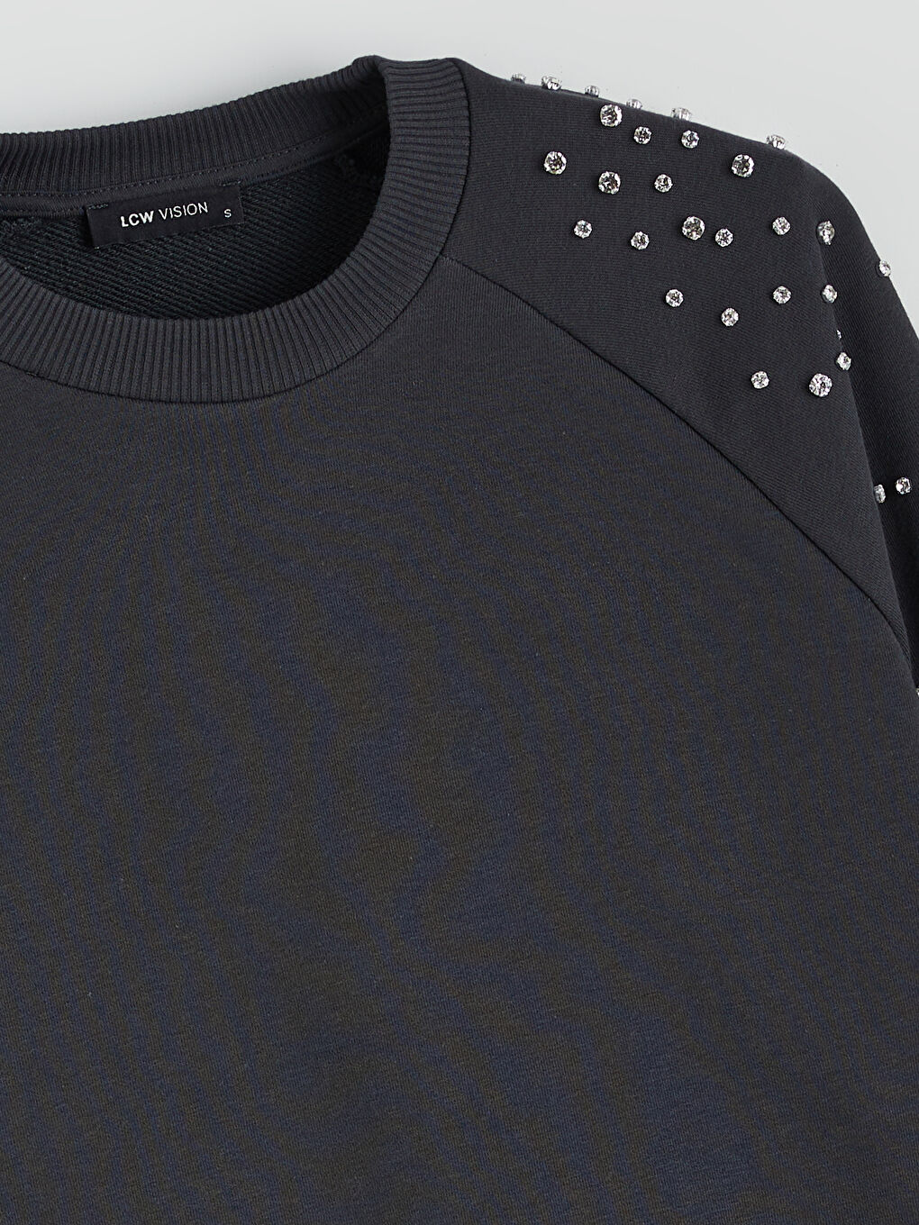 Antrasit Bisiklet Yaka Taşlı Oversize Kadın Sweatshirt-5