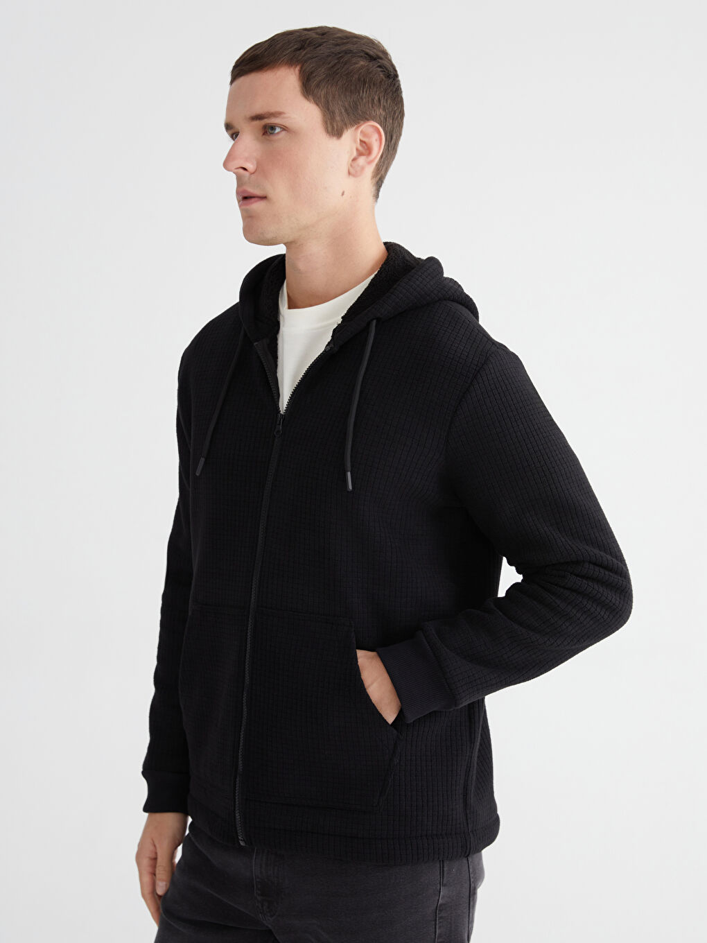 Siyah Kapüşonlu Polar Erkek Fermuarlı Sweatshirt