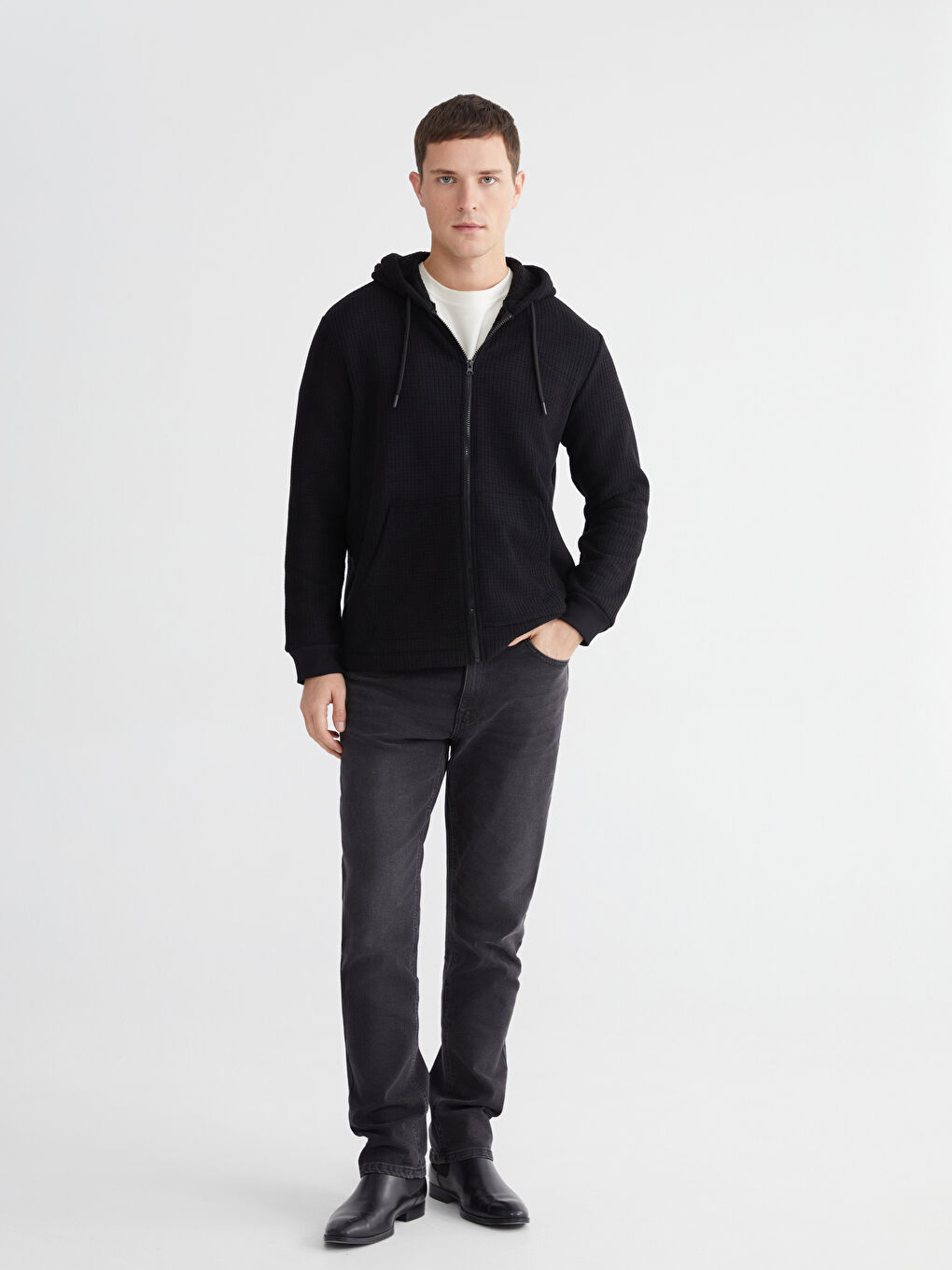 Siyah Kapüşonlu Polar Erkek Fermuarlı Sweatshirt-1