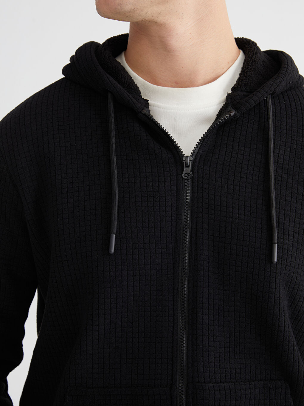 Siyah Kapüşonlu Polar Erkek Fermuarlı Sweatshirt-2