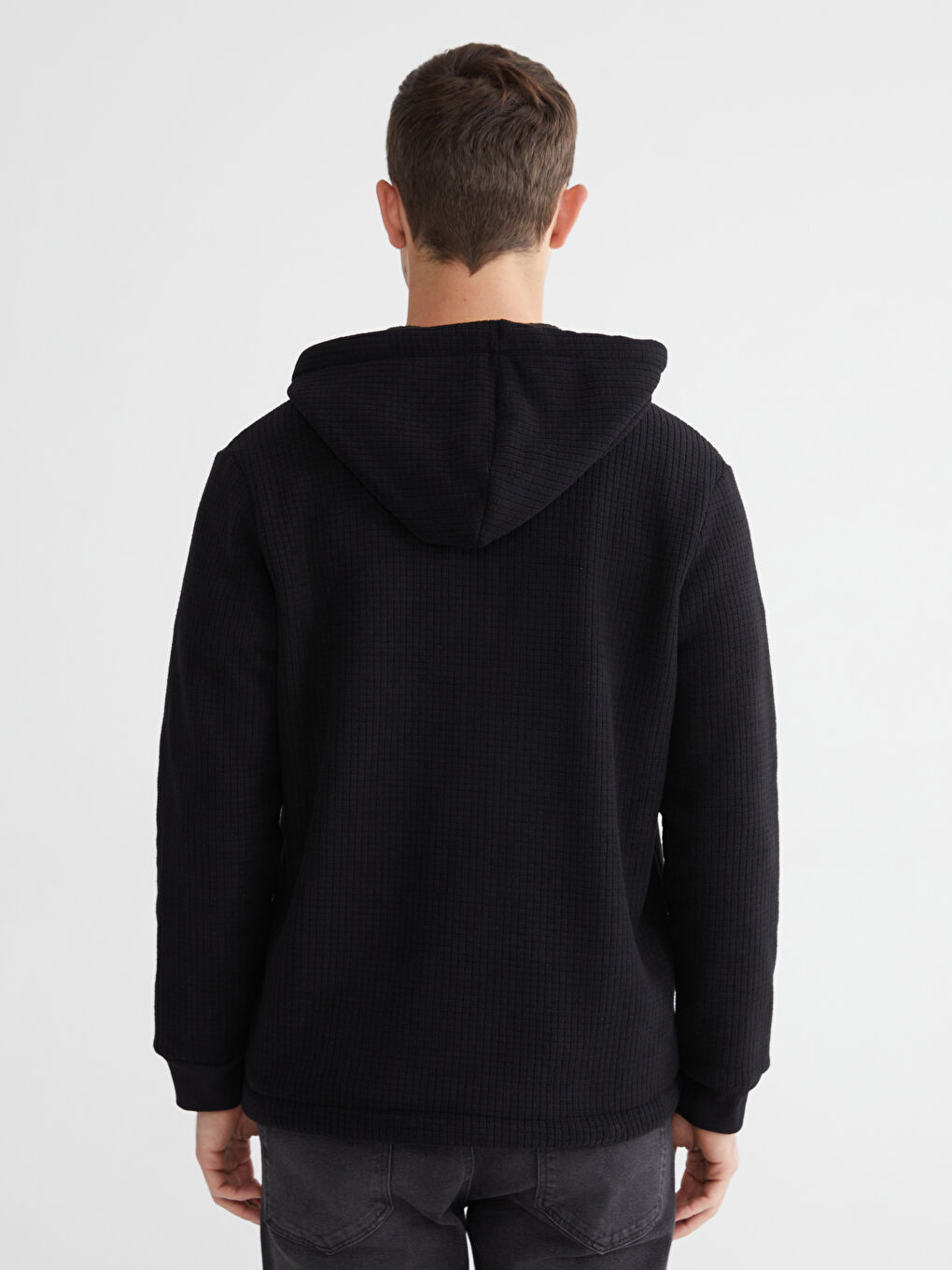 Siyah Kapüşonlu Polar Erkek Fermuarlı Sweatshirt-3