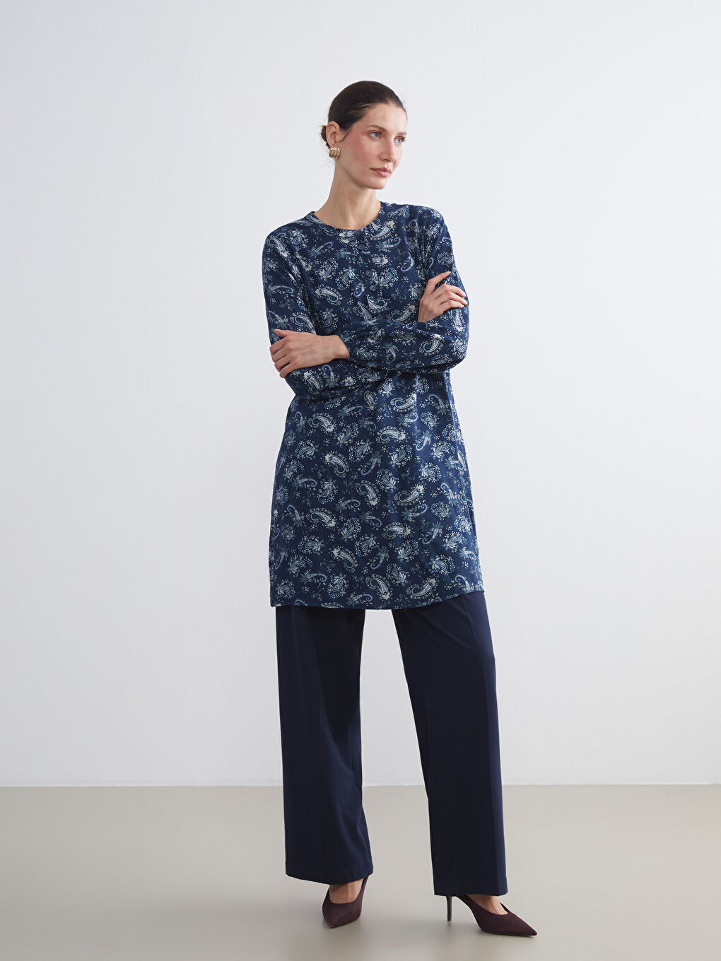 LCW Grace Grandad Collar Patterned Women's Tunic -W5ET34Z8-LS3