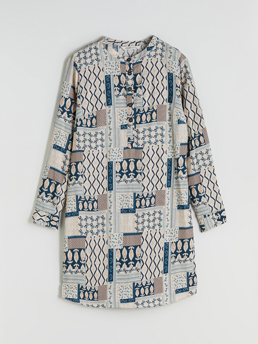 Bej Hakim Yaka Desenli Kadın Tunik-4